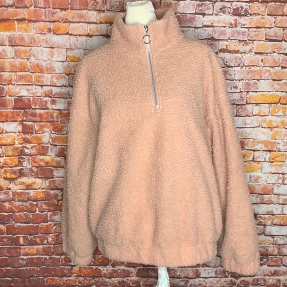 Ambiance Outerwear Pink Sherpa Teddy Quarter Zip Long Sleeve Pullover Ja…